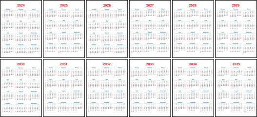 Editable Vector Calendar Set for the Years 2024 - 2035