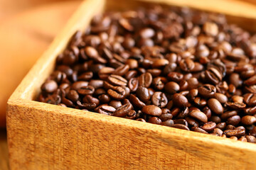 coffee beans in a wooden box