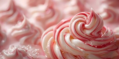 Closeup swirl pattern of candy cane with blurred ice cream in background. Concept Closeup Photography, Candy Cane Swirl, Blurred Background, Dessert, Festive Theme