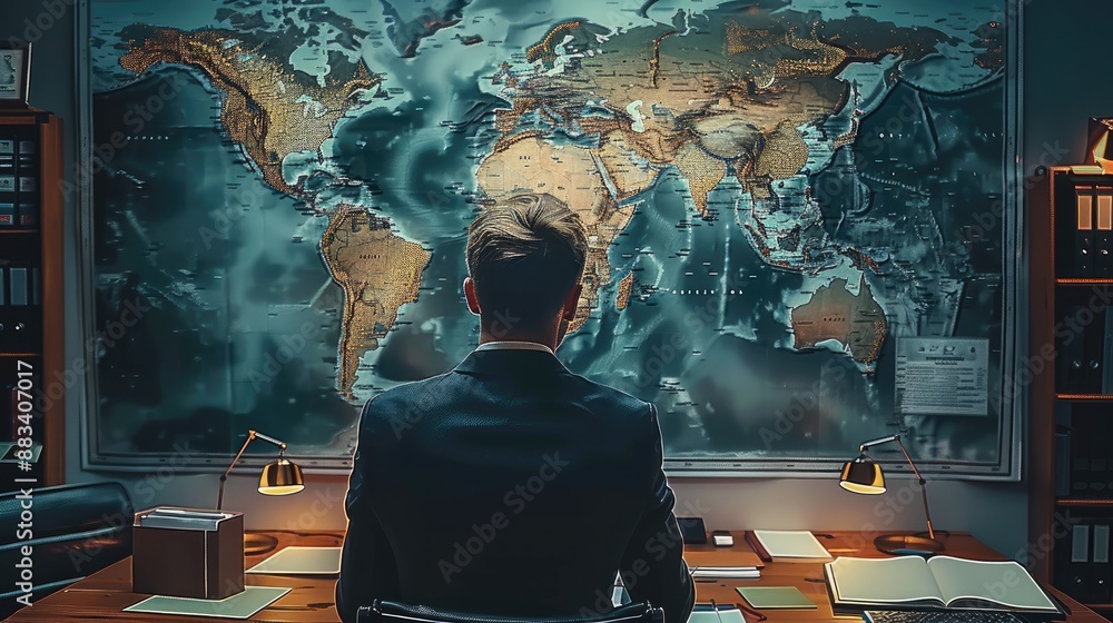 Aufkleber a modern world map a lot of marked line routs. a businessman is observing the map in his office. gen