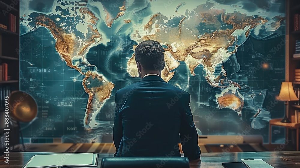 Aufkleber a modern world map a lot of marked line routs. a businessman is observing the map in his office. gen