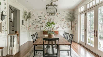 Suburban Victorian home with custom, hand-painted wallpaper in the dining room, featuring botanical prints that mimic the garden outside