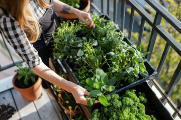 Woman plants vegetables on the balcony