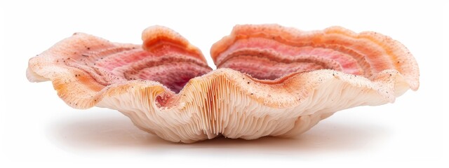  A tight shot of a seashell against a pristine white backdrop, revealing its intricate texture; reflection mirrored beneath in the shell's concave bottom