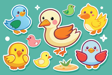  Cute ducks, sticker sheet, vector art illustration