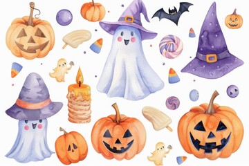Watercolor clipart with Halloween items
