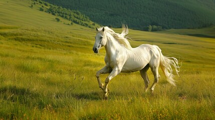 Obraz premium In the expansive green pasture, a magnificent white stallion gallops freely, its mane flowing like a banner of freedom in the wind. 