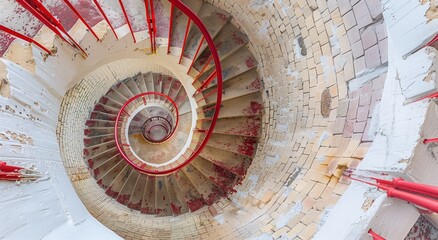 A spiral staircase inside the lighthouse, with red railings and beige brick walls, offering an aerial view of its circular shape and vibrant colors. 