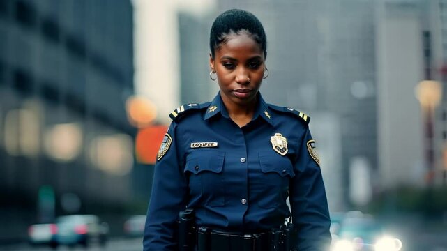 African American female police officers looking at camera in the city. Black woman cop at work 4k video