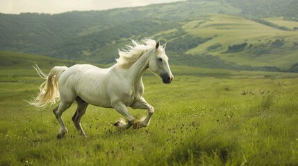 Obraz premium In the expansive green pasture, a magnificent white stallion gallops freely, its mane flowing like a banner of freedom in the wind. 