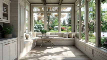 Fototapeta premium Suburban Contemporary breakfast nook with built-in seating, large windows, and a view of the garden