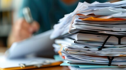 A large stack of paperwork is in focus, with a person blurred in the background, indicating a busy work environment and emphasizing the volume and intricacy of administrative tasks.