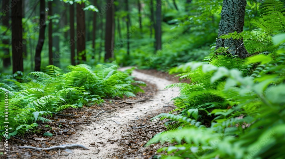 Poster a serene forest path flanked by lush green ferns under a canopy of trees, with dappled sunlight crea