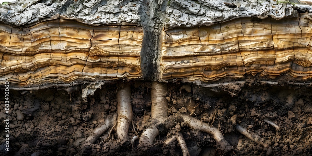Aufkleber soil layers beneath complex tree root system shown in crosssection. concept soil layers, tree root s