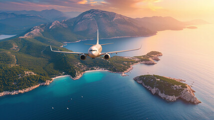 Naklejka premium Concept of airplane travel to exotic destination with shadow of commercial airplane flying above beautiful tropical beach. Beach holidays and travel. 