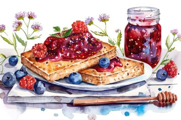 Vibrant Vegan Breakfast Set with Crispbread, Jam, and Fresh Berries Watercolor Hand-Drawn Illustration