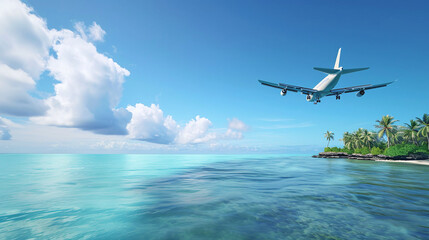 Obraz premium Concept of airplane travel to exotic destination with shadow of commercial airplane flying above beautiful tropical beach. Beach holidays and travel. 