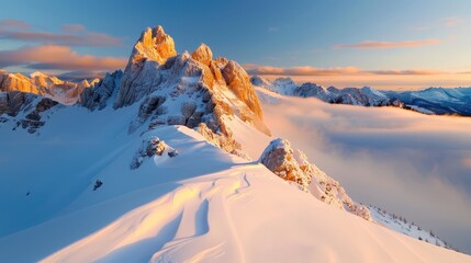 Snow-covered mountain peaks soar majestically above a blanket of clouds, bathed in the gentle hues of dawn, capturing the ethereal beauty and grandeur of the high alpine landscape.