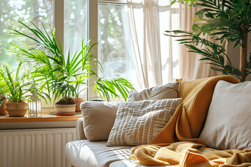 Modern minimalist living room interior have beige sofa and décor accessories next to the window- 3D rendering