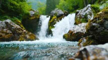 Fototapeta premium A peaceful stream flows over moss-covered rocks in a dense forest area, highlighting nature's tranquility and the serene beauty found deep within the woods.
