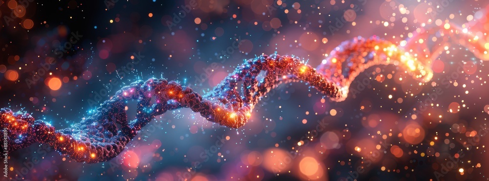 Poster a vivid 3d representation of a dna helix with glowing, futuristic elements in a scientific backdrop.
