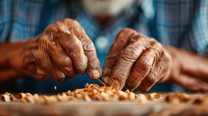 Close-up image showing elderly hands delicately carving small wooden pieces, illustrating craftsmanship, dedication, and a deep-rooted passion for woodworking.
