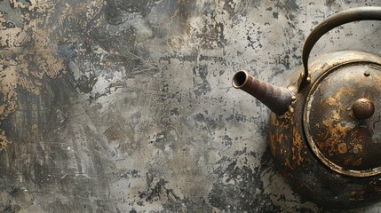 Close up of an old kettle on concrete surface with space for text