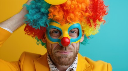 A person is seen with a vibrant, multicolored curly wig against a bright yellow background, bringing out an energetic and playful vibe, suitable for creative concepts.