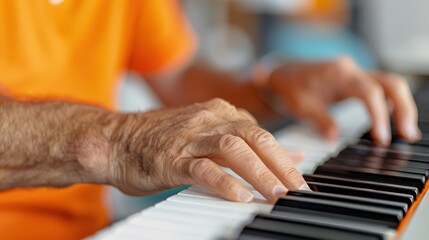 This image captures the wrinkled hands of an elderly person skillfully playing the piano, emphasizing the fingers and the musical keys, showcasing the talent and passion for music.