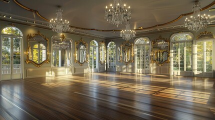Suburban Victorian home with a grand ballroom, complete with crystal chandeliers, gilded mirrors, and a sprung dance floor for hosting events