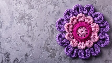 Pink and purple crocheted design on light grey backdrop with text space Macro shot of homemade trivet or potholder