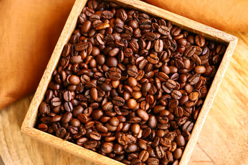coffee beans in a wooden box