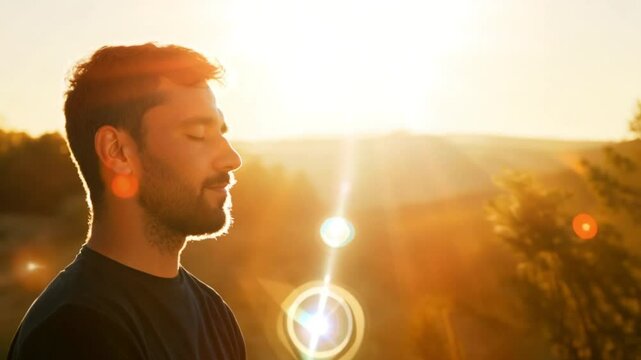 Young athletic man practices yoga in a park or forest in nature, sitting in lotus position on mat in nature. Male meditating relaxing breathing deeply with closed eyes outdoors. Outside. sunlight medi