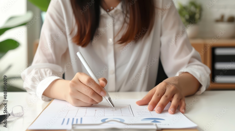 Wall mural a woman is sitting at a desk with a pen and paper