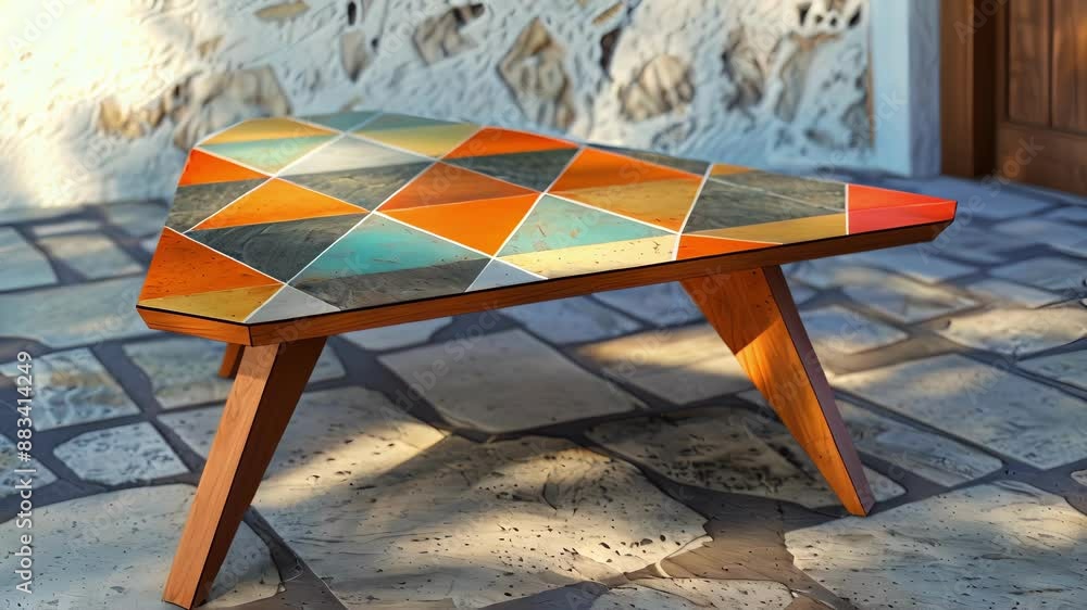 Poster a triangular coffee table with colorful geometric tiles inlaid on its surface.
