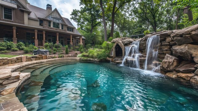 The backyard of a Suburban Colonial home featuring a large, saltwater pool with a natural rock waterfall and a hidden grotto