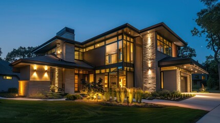 Fototapeta premium Suburban Contemporary home with an exterior lighting scheme that highlights its architectural features at night