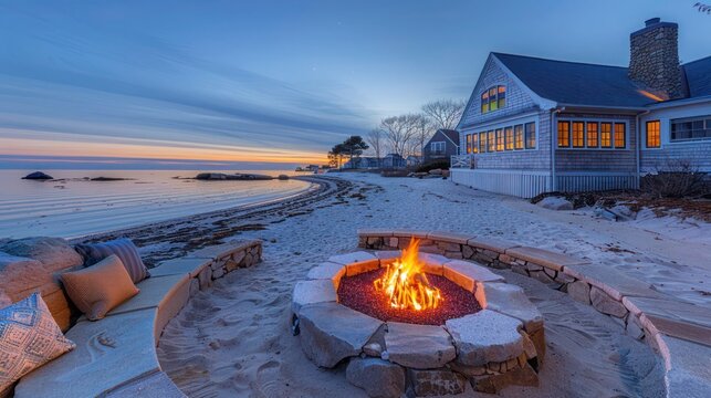 The beachfront fire pit of a Suburban Cape Cod home, encircled with sandstone seating and offering a cozy spot for evening gatherings by the sea