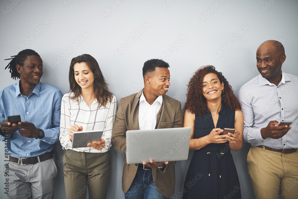 Aufkleber laptop, tablet and row of business people in office for contact us, hiring and networking. diversity