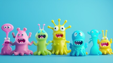 Naklejka premium A lineup of colorful, cartoonish alien monsters with different shapes and expressions, standing against a light blue background.