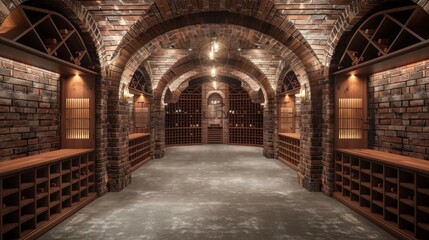 The bespoke wine cellar in a Suburban Victorian home, designed to mimic a traditional cellar with brick-lined walls and arched ceilings