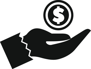 Black and white icon of a hand holding a dollar coin, representing financial concepts