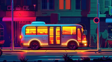 A large glowing bus parked at night on a city street. The bus is lit from the inside, emitting a warm, inviting light.