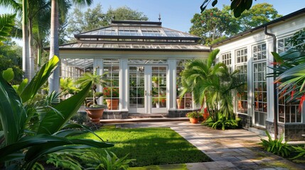 The classic greenhouse of a Suburban Colonial home, built in the style of an English conservatory, housing a collection of tropical plants and orchids