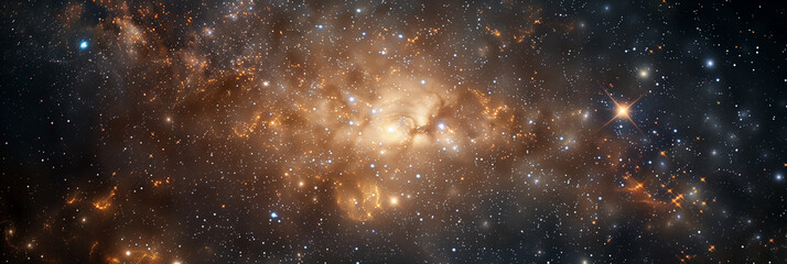 Fototapeta premium Enchanting Cosmic Vista: A Stellar Journey Through the Star-Studded Infinity of Space. Universe, stars, deep space. Wide Horizontal Template, poster, banner, cover, header. Generative Ai content