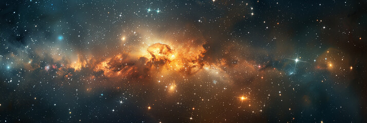 Fototapeta premium Enchanting Cosmic Vista: A Stellar Journey Through the Star-Studded Infinity of Space. Universe, stars, deep space. Wide Horizontal Template, poster, banner, cover, header. Generative Ai content