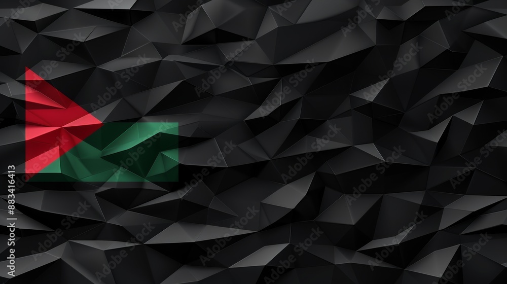 Poster crumpled paper background in a dark gray color with a red and green triangle design, resembling the 