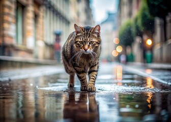 A forlorn, drenched cat steps cautiously over a large puddle on a gloomy rainy day, alone, against a somber, blurred, and isolating urban background.