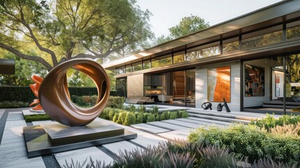 Suburban Contemporary home with an outdoor sculpture garden, featuring abstract art and a minimalist landscape