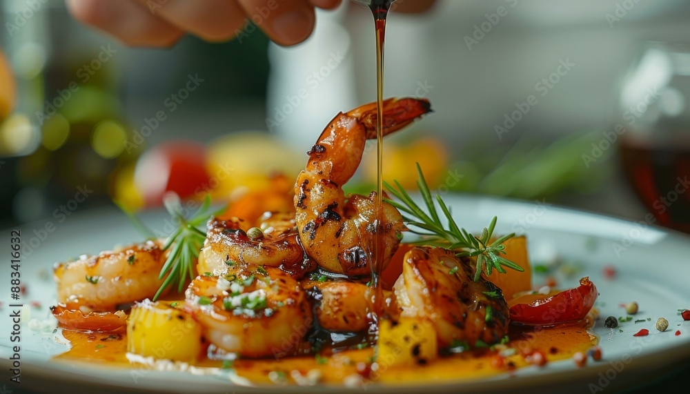 Canvas Prints A person is pouring sauce over a plate of food. AI.